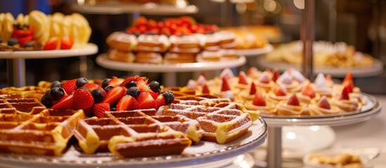 A detailed view of a plate filled with golden Belgian waffles topped with an assortment of colorful fresh fruits, such as strawberries, blueberries, and bananas.