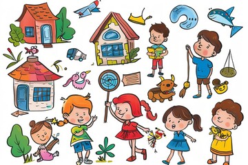 Cartoon cute doodles of kids having a scavenger hunt around the house with clues and hidden treasures, Generative AI