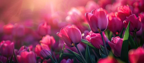 Foto op Canvas A collection of pink tulips blossom in a field, showcasing their vibrant hues against the green backdrop. The flowers sway gently in the breeze, creating a mesmerizing sight. © 2rogan