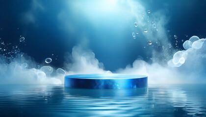 Minimalist Elegance: Blue 3D Podium Backdrop with Smoke and Water Drop for Copy