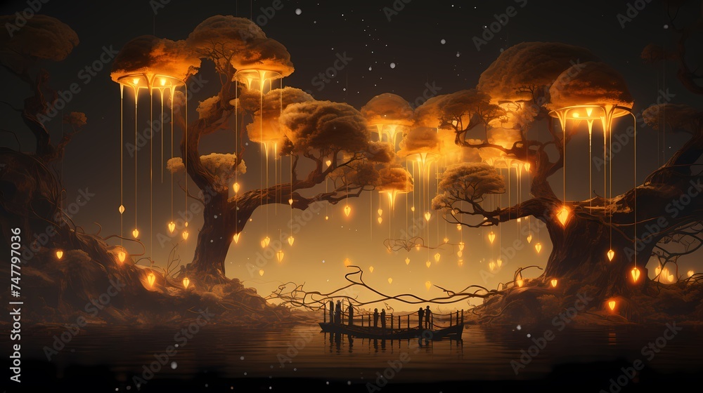 Poster mystical trees with jellyfish-like canopies rain light upon a serene landscape, creating a scene of 