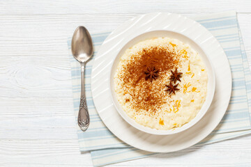 rizogalo, creamy greek rice pudding in a bowl