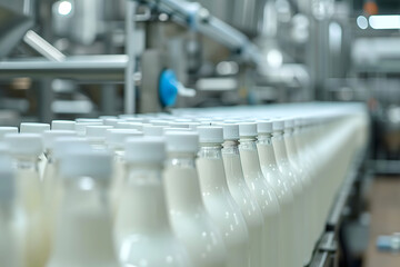 Factory line for processing and bottling of milk. Selective focus. Neural network generated image. Not based on any actual person or scene.
