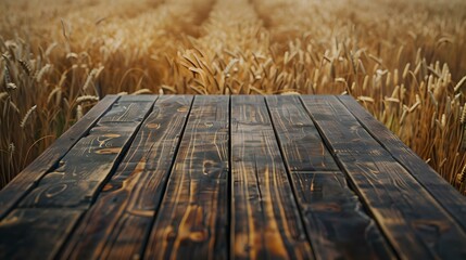 Wooden planks over golden wheat field at sunset, rustic scene captured, calm countryside viewpoint, natural background for design. AI