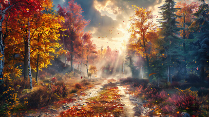 Golden Autumn Forest and Sunlit Path, Seasonal Nature Beauty, Warm Foliage and Tranquil Outdoor Scene, Magical and Colorful Landscape