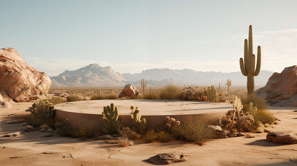 Stone podium on the background of Arizona Desert Cactus Landscapes for Product placement. Generative AI