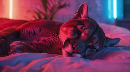Gordijnen Puma resting on a bed in neon glow. © RISHAD