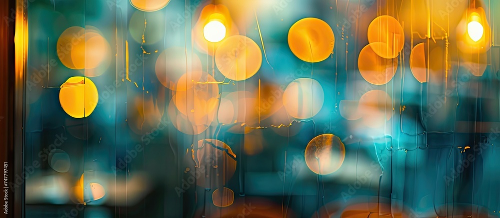 Poster A detailed view of a window in a coffee shop, with abstract defocused bokeh creating a blurred background. The window features intricate patterns and designs, adding a unique touch to the atmosphere.