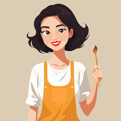 Vector cartoon illustration of a beautiful young artist girl holding a painting brush in her hand.
