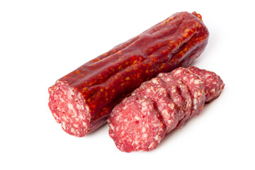 Sliced dry smoked sausage on white background. Fresh meat sausage.