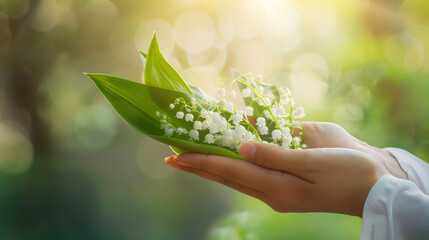 Woman hand picking a piece of Lily of the Valley flowers