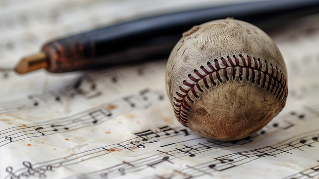 Old Baseball On Musical Note Sheets.