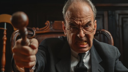 Angry judge slamming gavel in courtroom.