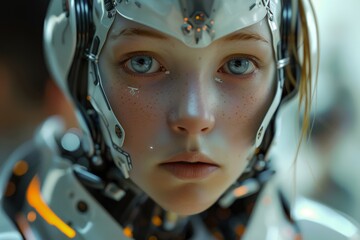 face of child humanoid android Artificial Intelligence mechanical robot be creative Have an understanding of orders It has the most advanced operating system Robot innovations of the future boy girl