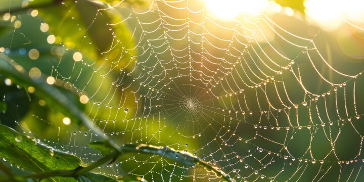 Spider web banner with view of spiderweb with morning sun light