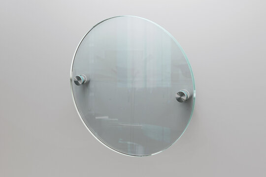 blank circle round clear acrylic glass methacrylate name plate realistic brand logo sign board mockup wall mounted 3d rendering illustration