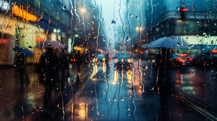 Raindrops streaking down a city window.