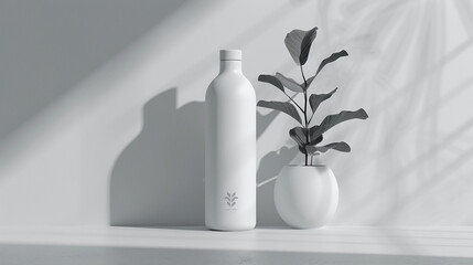 A translucent plastic water bottle with minimalist branding, placed on a white surface,...