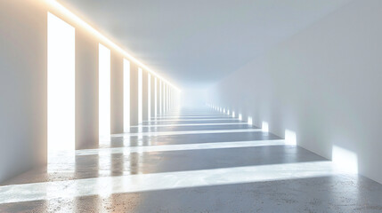 Light Filled Modern Architectural Interior: White and Bright Perspective Design, Empty Futuristic...