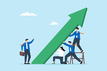 Business team pushing green graph arrow upwards. Concept of efforts to improve and grow the business, teamwork and collaboration to growing company, and fostering career growth