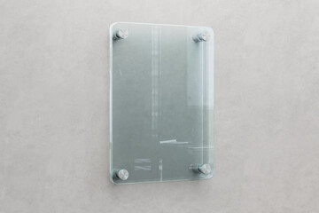 blank vertical rounded rectangle clear acrylic glass methacrylate nameplate realistic brand logo signage mockup wall mounted 3d rendering illustration