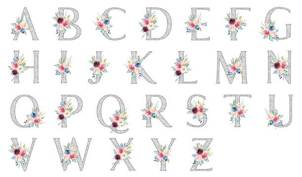 Alphabet, letters with watercolor flowers and leaf hand painting. Floral monogram initials perfectly for wedding invitation, greeting card, logo, poster and other design.