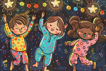 Cartoon cute doodles of kids having a dance party in their pajamas, with music blasting and disco lights, Generative AI