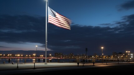 Panoramic view of the Stars and Stripes at half-mast in honor of a solemn occasion.