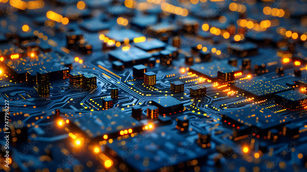 Poster intricate circuit board and microchip patterns, blue and green digital electronics concept, technolo