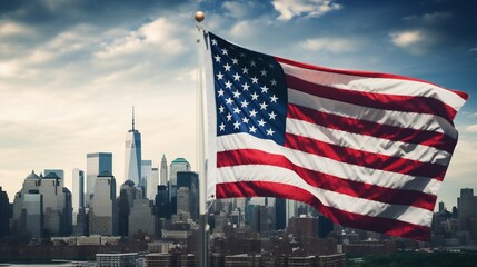 Panoramic view of the USA flag against the backdrop of a bustling urban skyline.