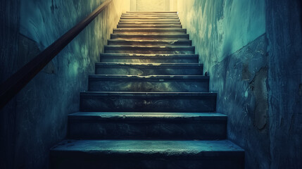 Dimly lit staircase leading to bright exit.