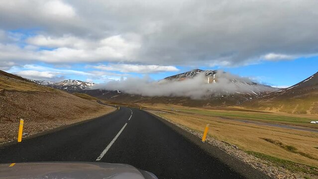 Driving on Route 94 Vatnsskard mountain pass highway in East Iceland