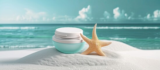 Fototapeta na wymiar A starfish rests on a sandy beach next to a jar of sun care cream. The sun care concept is highlighted in this vacation-themed image.