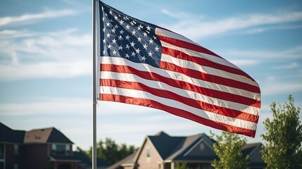 Timeless panorama capturing the American flag flying proudly in a suburban neighborhood, offering space for messaging.