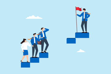 Some business people struggle to climb broken stairs, while others at the top. Concept of skill gaps, career problem, talent obstacle, and differences in knowledge to achieve their goals - obrazy, fototapety, plakaty
