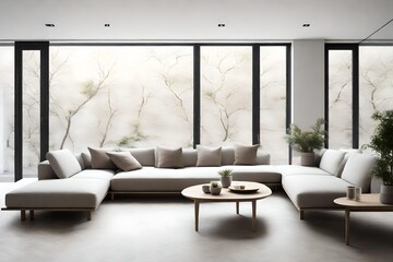 a minimalist sitting area with sofas in muted tones, emphasizing simplicity and comfort, creating a serene and contemporary living space. - obrazy, fototapety, plakaty