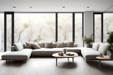 Poster a minimalist sitting area with sofas in muted tones, emphasizing simplicity and comfort, creating a serene and contemporary living space. © Muhammad