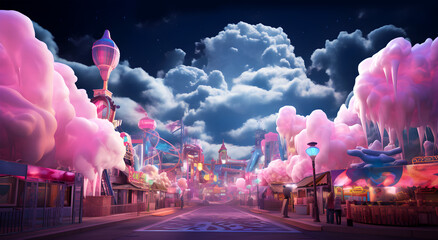 A colorful summer carnival scene of illuminated cotton candy