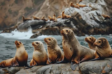 Fototapeta premium A group of playful sea lions sunbathing on rocky shores, their barks filling the air with life.