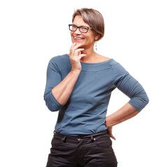 Mature woman, portrait and idea in studio, smile and glasses for thinking on white background....