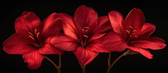 A group of three red ixor flowers stand out against a stark black background, their petals in full bloom. The vibrant red hue of the flowers creates a striking contrast against the dark backdrop.