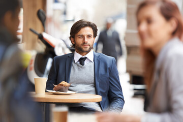 Businessman, outdoor and cafe with thought, muffin and cappuccino for takeaway in urban city in suit. Professional lawyer man, thinking and coffee shop in public, idea and vision for client and case - obrazy, fototapety, plakaty