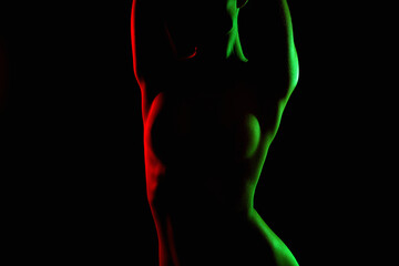 Nude Woman in Color lights. Beautiful Naked body silhouette - 747799286