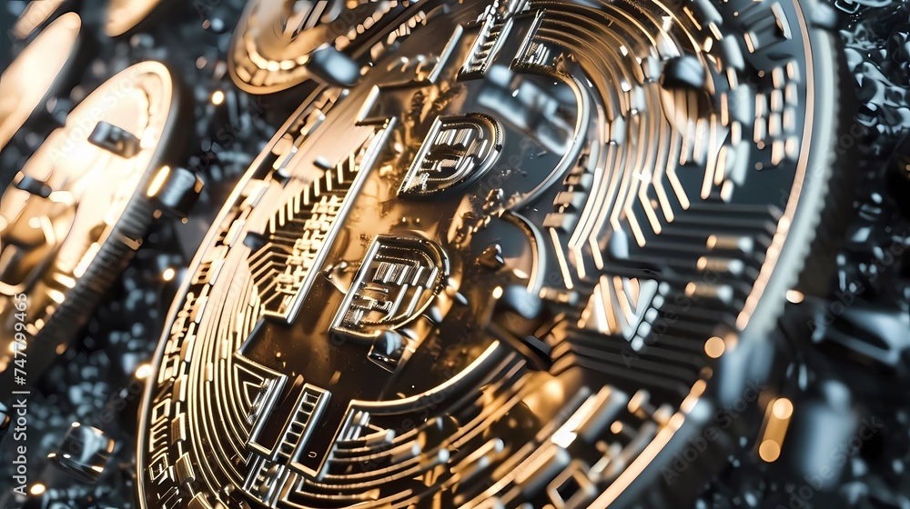 Poster a macro shot of a bitcoin coin enveloped in intricate circuitry, illustrating the complex technology