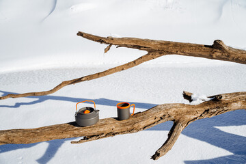 Camping utensils standing on a tree branch in winter forest, camping kettle with mug, aluminum...