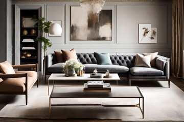 a sophisticated lounge with a curated selection of sofas in classic styles and muted tones, radiating timeless elegance in every detail.