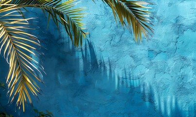 palm tree branches against a blue cement wall, Generative AI