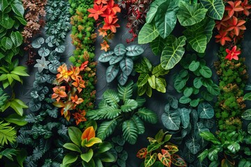 Variety of colorful houseplants on a dark background. a vertical garden wall in an urban setting, with a variety of plants thriving, blending nature with city life