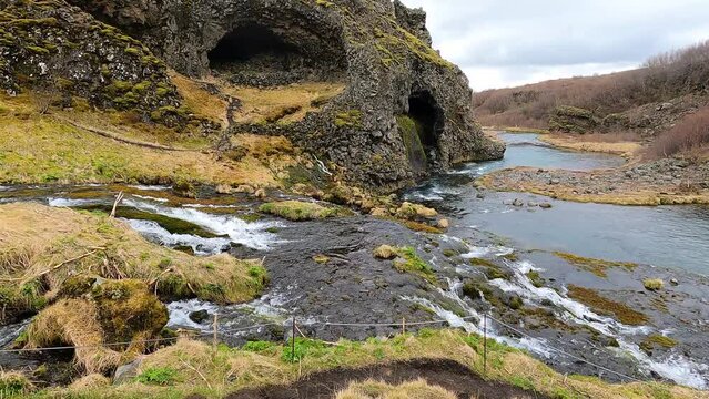 Gjain valley river streams and volcanic basalt caves in Iceland
