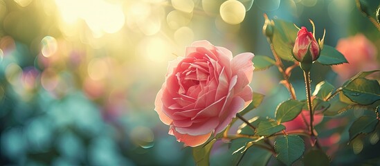 A vibrant pink rose is blooming in a garden, showcasing its delicate petals opening up under the sunlight. The background features a soft blur of green foliage and other flowers. - obrazy, fototapety, plakaty